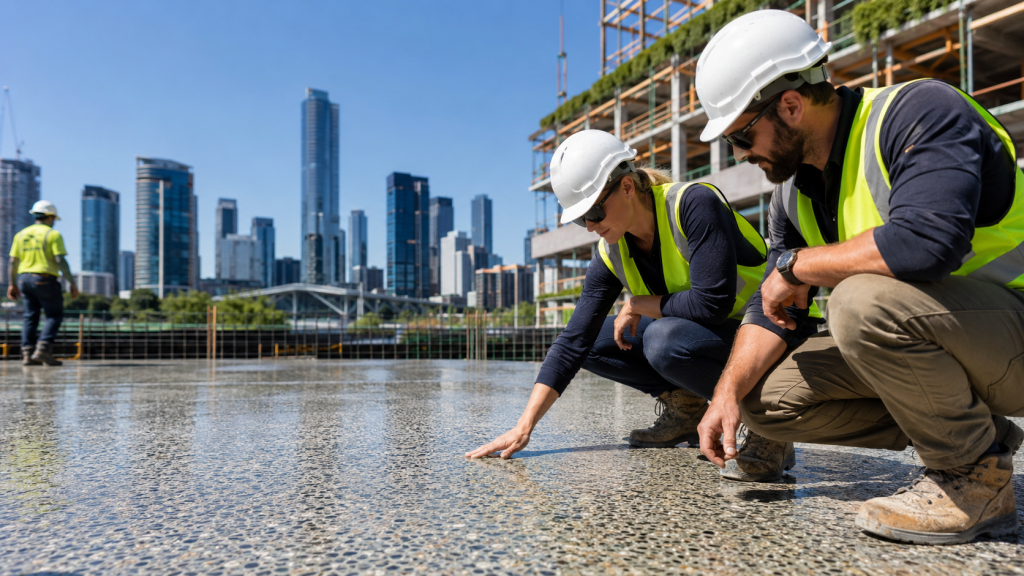 Brisbane construction site using low carbon concrete to meet local government sustainability tender requirements.
