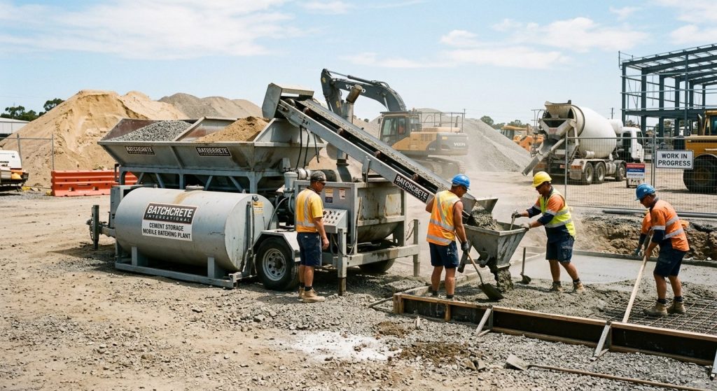 high-resolution, realistic photograph of a Batchcrete mobile concrete batching plant